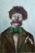 Li Vitali (?)  oil on canvas Head and shoulder portrait of a clown wearing green white spotted bow