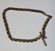 Yellow metal albert chain, box style links, with T-bar and lobster clasp, stamped 9c,