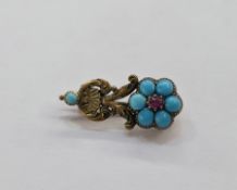 19th century gilt metal, turquoise and ruby miniature daisy-pattern brooch, the flowerhead with