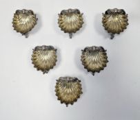 Set of six Victorian silver salts, London 1870, Robert Hennell IV, of scallop shell form with gilt