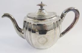 LOT WITHDRAWN - George III silver teapot, fluted oval body, engraved band of lozenges, ribbon tied
