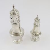 Silver sugar caster, baluster shape, on circular foot, Birmingham 1925, and a silver pepperette,