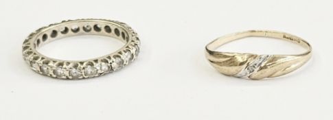 9ct gold and white stone ring set small white stone in gadrooned setting, and a 9ct gold and white