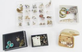 Quantity silver and other earrings, foreign silver-coloured metal and enamel brooch in the form of
