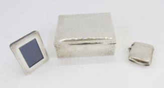 Edwardian silver cigarette box, hammered and monogrammed, 11.5cm x 9cm, London 1904, a Victorian
