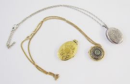 9 carat gold curb link chain, 5 grms approx., gold plated locket, gilt locket, silver locket and