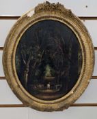 Unattributed Oil on board Early-mid 19th century, figures and horse entering a forest, framed and