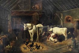 Attributed to J F Herring (Jnr) Oil on canvas Barn scene with horses, cows and chickens in