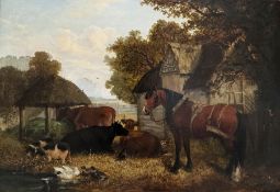 After J F Herring (Snr)  Oil on canvas Farmyard scene with horse, cattle, pigs and ducks in