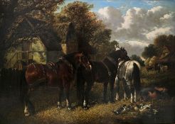 Circle of J F Herring Jnr (and Edwin Meadows) Oil on canvas Farmyard scene with shire horses