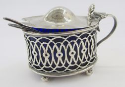 Edwardian silver lidded mustard pot, oval form with pierced body, on four bun feet, hallmarked
