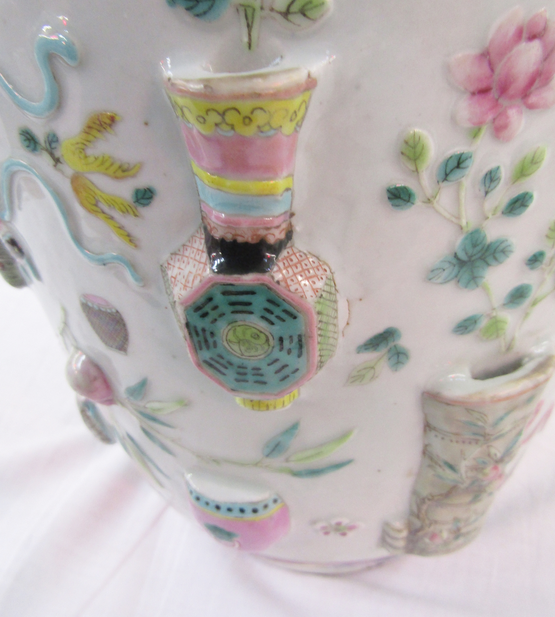 Pair of Chinese porcelain famille rose 'One Hundred Antiques' relief-moulded oviform vases, Qing - Image 68 of 85