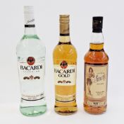Bacardi Superior white rum, 100cl, 37.5% vol, Bacardi gold rum, 70cl, 37.5% vol, and The Original
