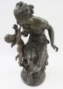 Moreau, bronze seated classical maiden and cherub on foliate circular base, signed M Moreau, 53cm
