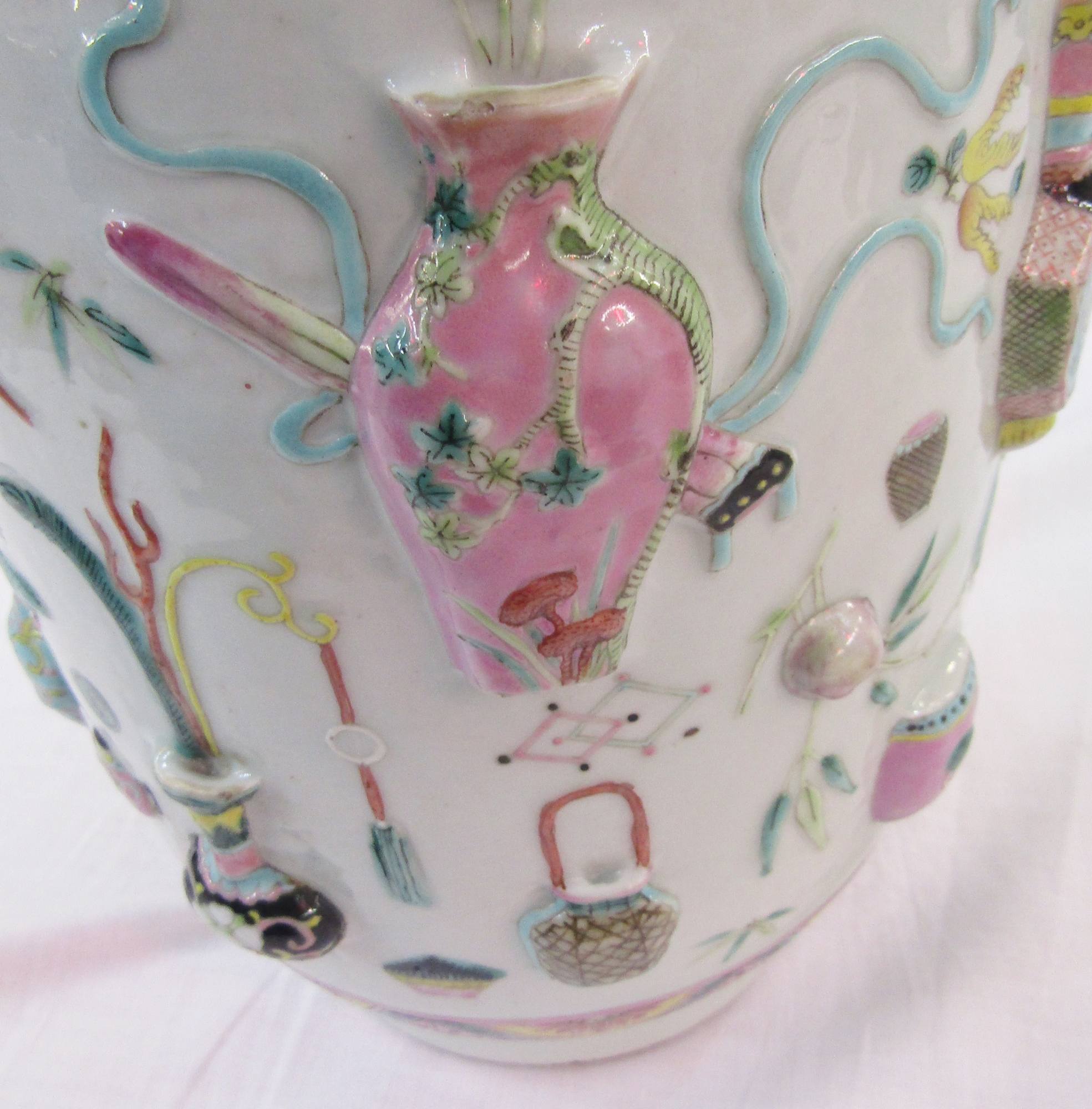 Pair of Chinese porcelain famille rose 'One Hundred Antiques' relief-moulded oviform vases, Qing - Image 33 of 85