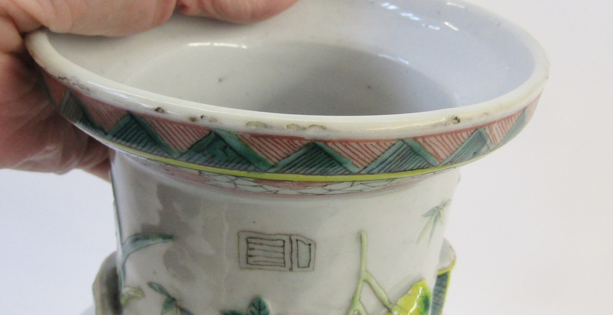 Pair of Chinese porcelain famille rose 'One Hundred Antiques' relief-moulded oviform vases, Qing - Image 25 of 85