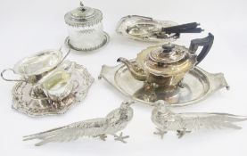 Victorian silver plated and cut glass biscuit box with Chinese figure finial, pair ebonised silver