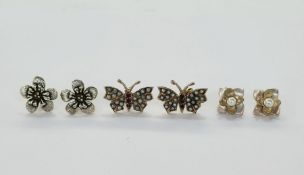 Pair 9ct yellow gold, seedpearl and ruby butterfly-pattern earrings, 2cm wide, approx weight 5.3g,