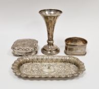 George V silver embossed pin dish, hallmarked Chester 1917, together with a silver napkin ring,