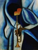 Pascale Bigot (Contemporary) Pastel embellished with glitter on sandpaper 'Blue Jazz' signed lower