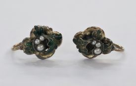 Pair 9ct gold, green enamel and pearl earrings, each set three graduated pearls amongst scrolling