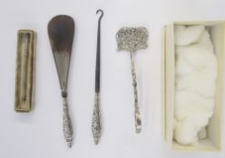 Victorian silver handled shoe lift and button hook, sterling silver swizzle stick, and pair of Dutch