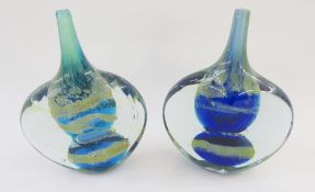 Two Mdina glass vases, each oblate with slender neck, one in shades of turquoise and yellow, the