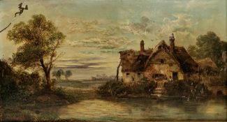 John Mundell (1818-1875) Oil on board Cottage in river landscape, signed lower left, 25cm x 44.5cm