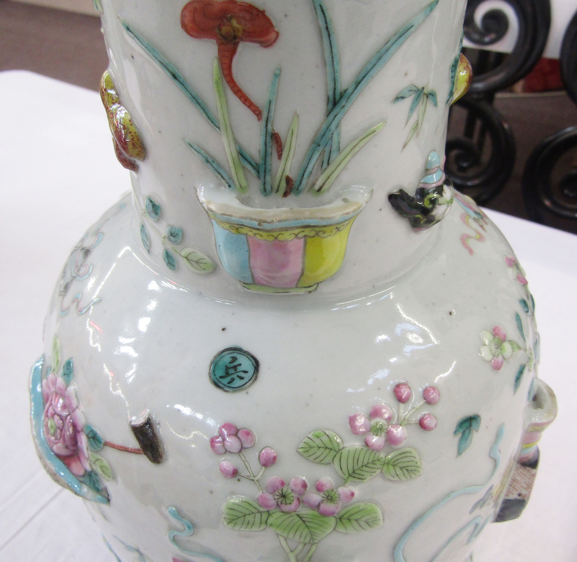 Pair of Chinese porcelain famille rose 'One Hundred Antiques' relief-moulded oviform vases, Qing - Image 44 of 85