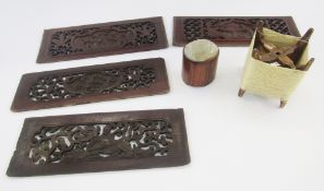 Oriental wooden silk winder, jade topped wooden cylindrical box, figure decorated, and four oriental