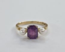 Please note marked 18ct  (not 22ct) gold, amethyst and pearl ring set rectangular cut amethyst