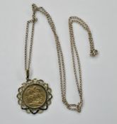 Victoria 1889 full gold sovereign, claw set as a pendant in a 9ct gold pierced mount, on a chain