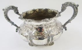 William IV silver two-handled sugar bowl by Joseph Angell, London 1830, of shaped circular form with