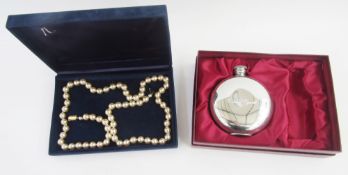 String of faux pearls in Selfridges box and a pewter hip flask (2)