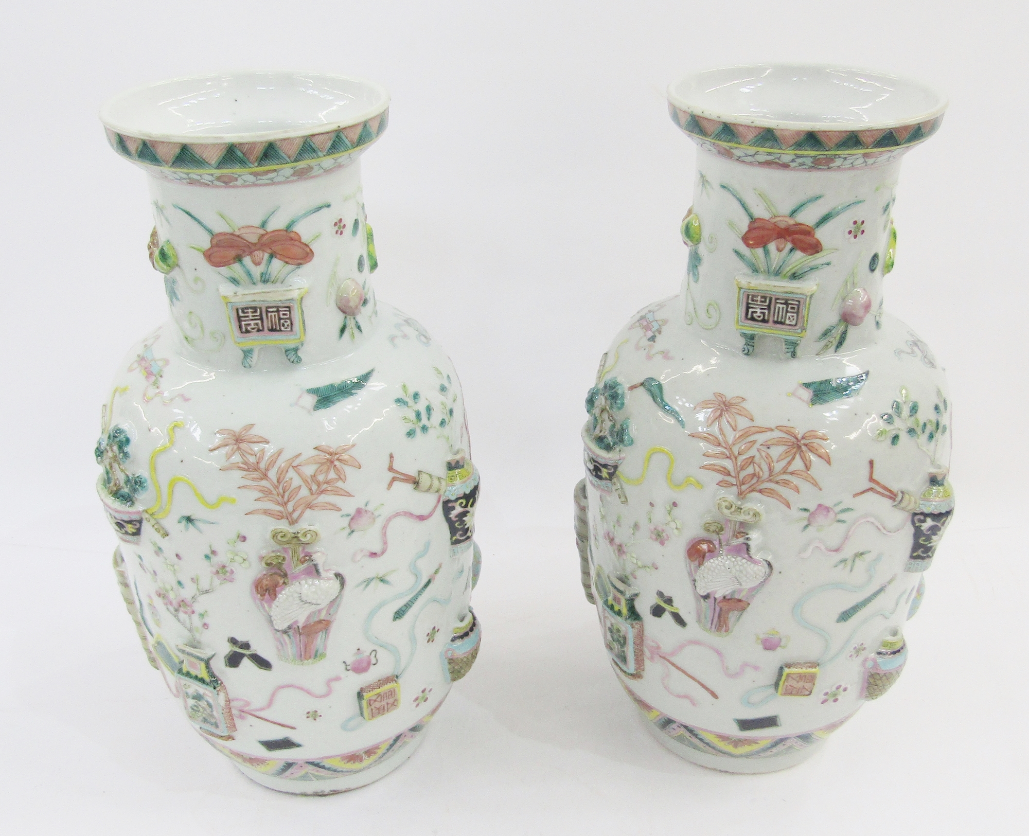 Pair of Chinese porcelain famille rose 'One Hundred Antiques' relief-moulded oviform vases, Qing - Image 69 of 85
