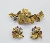 Mid-19th century two-colour gold, diamond and ruby suite of vine leaf spray brooch with pair of