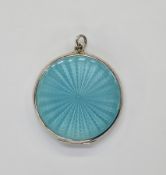 Silver turquoise guilloche enamel pendant locket of round form, the enamelling to both sides stamped