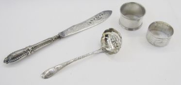 Victorian silver sugar casting spoon, London 1885, having pierced scalloped bowl and engraved