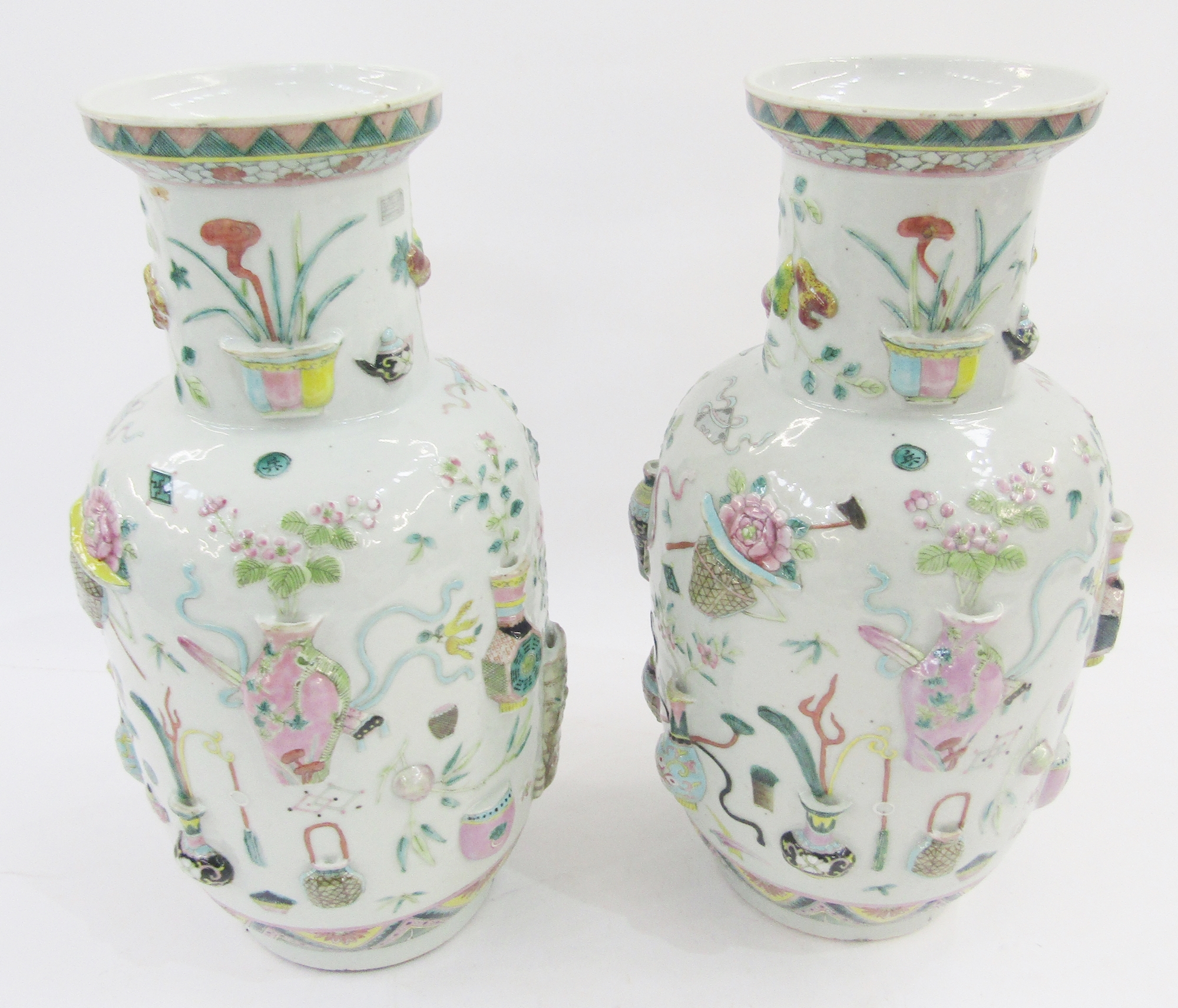 Pair of Chinese porcelain famille rose 'One Hundred Antiques' relief-moulded oviform vases, Qing - Image 70 of 85
