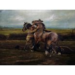 A Ridgeway  Oil on canvas Boy with ploughing team of two horses, signed and dated 1899, 69.5cm x