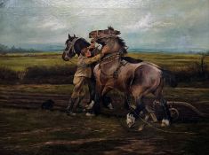 A Ridgeway  Oil on canvas Boy with ploughing team of two horses, signed and dated 1899, 69.5cm x