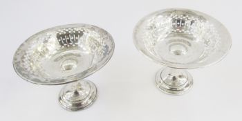 Pair of silver pedestal bonbon dishes, circular and pierced, Sheffield 1908 (some damage) (2)
