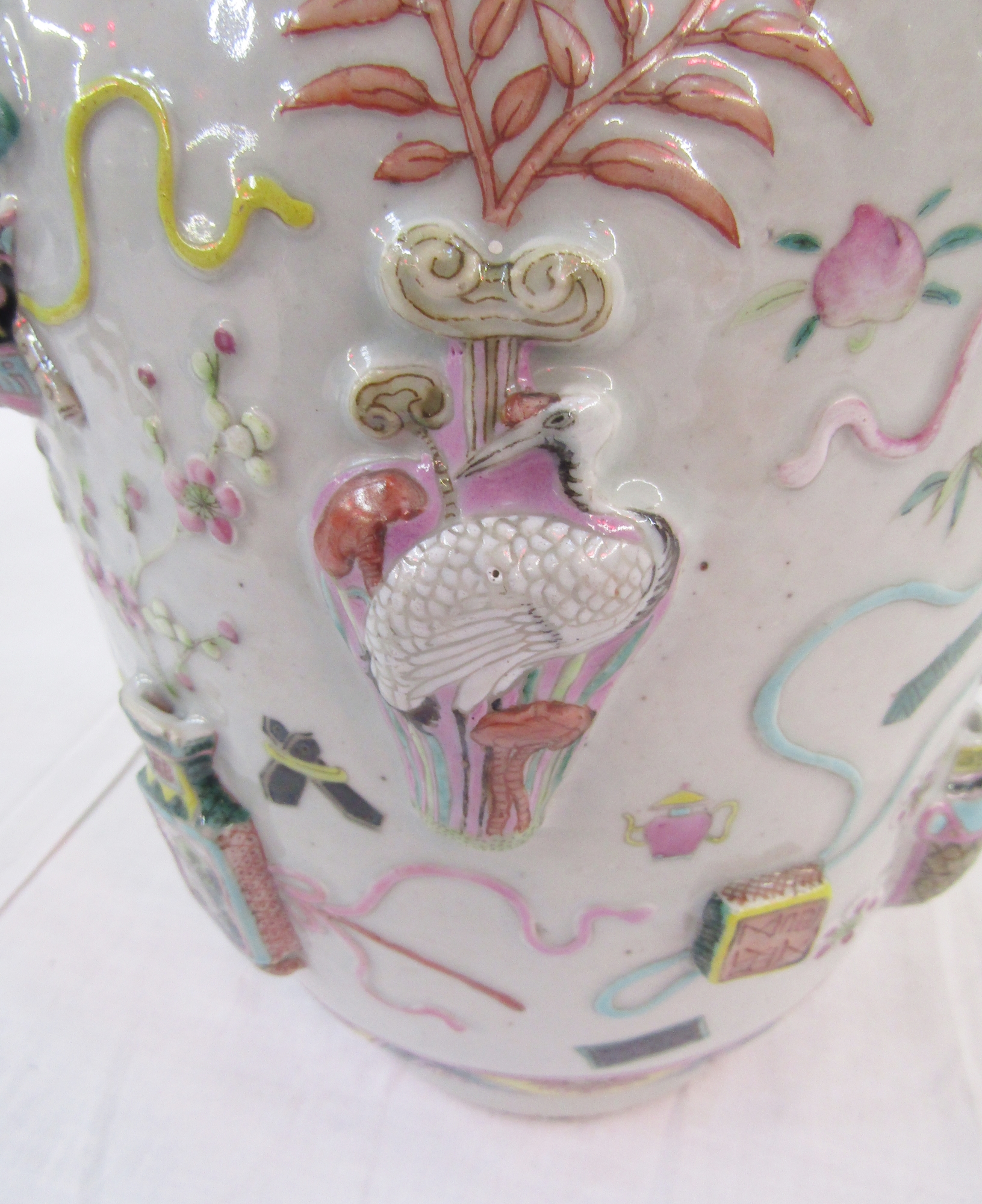 Pair of Chinese porcelain famille rose 'One Hundred Antiques' relief-moulded oviform vases, Qing - Image 46 of 85