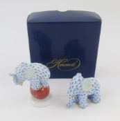 Herend - two blue fishnet miniature elephants, 24ct gold highlights, one elephant on a ball, with