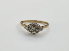 9ct gold and white stone dress ring, multiple claw set stones in lozenge shaped setting, size 'N'