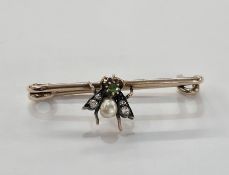 Late Victorian gold-coloured metal, diamond, pearl and green stone 'fly' bar brooch, 3.7cm long,