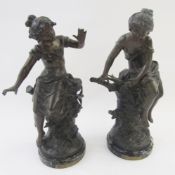 L & F Moreau pair bronzes of girls seated on treestumps 'Printemps' and 'Automne', each 29cm high,