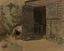 Grace Golden (1904-1935), a pencil and watercolour drawing on paper of an open shed with a dog and