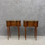 A pair of 19th century French style side or bedside tables each having a kidney shaped marquetry