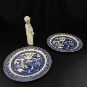 A 20th century Spanish Nao style figure along with two Churchill blue and white Willow Pattern